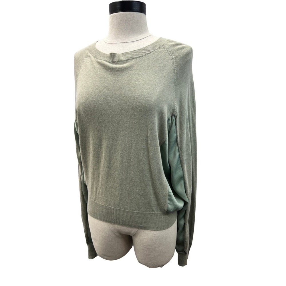 Paper Label Satin Panel Pullover Size Small Sage NWT Silk Blend Crewneck Sweater